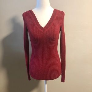 Sparkly Fitted Red Ribbed V-Neck Long Sleeve Shirt